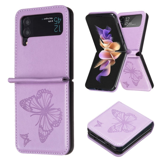 For Samsung Galaxy Z Flip4 Embossing Two Butterflies Leather Phone Case(Purple)