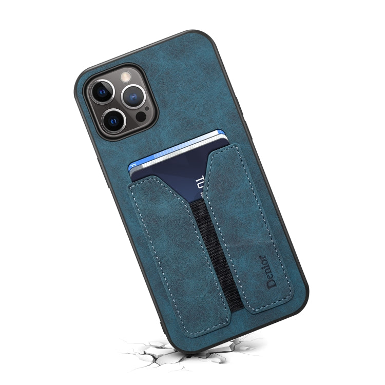 For iPhone 15 Pro Max Denior DV Elastic Card Slot PU Back Cover Phone Case(Blue) by Denior