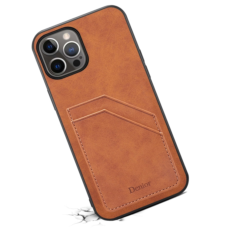 For iPhone 15 Pro Max Denior PU Dual Card Slot Back Cover Phone Case(Brown) by Denior