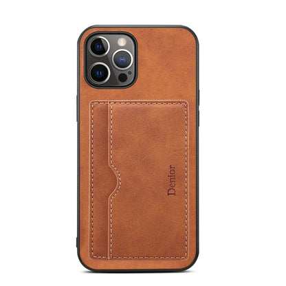 For iPhone 15 Pro Max Denior PU Single Card Slot Holder Phone Case(Brown) by Denior