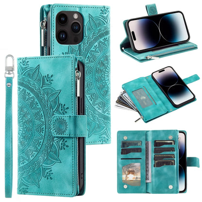 For iPhone 16 Pro Max Multi-Card Totem Zipper Leather Phone Case(Green) by buy2fix