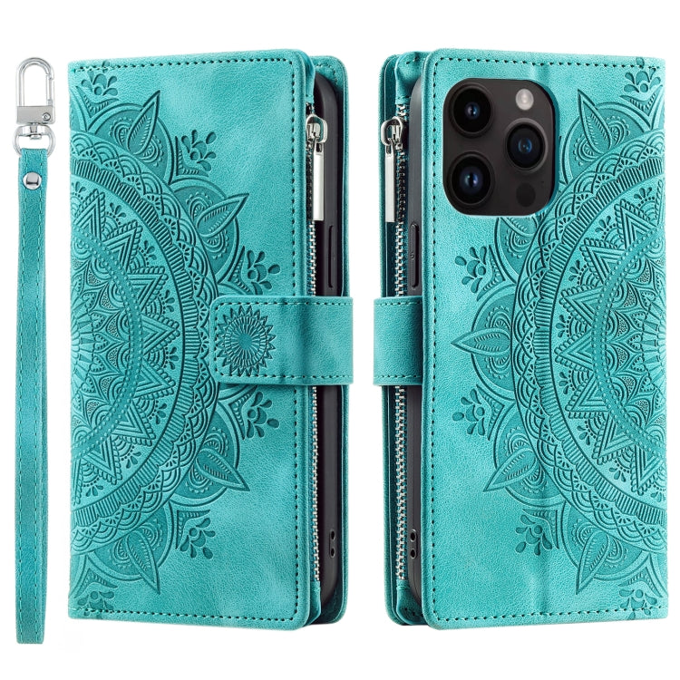 For iPhone 16 Pro Max Multi-Card Totem Zipper Leather Phone Case(Green) by buy2fix