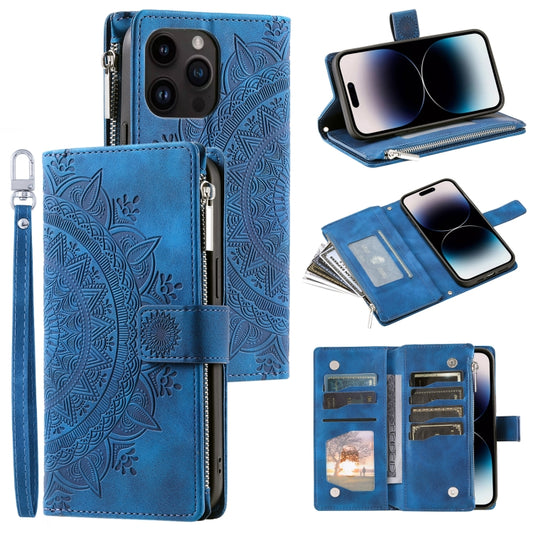 For iPhone 16 Pro Max Multi-Card Totem Zipper Leather Phone Case(Blue) by buy2fix