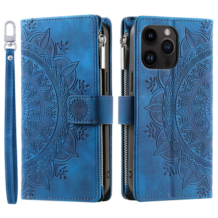 For iPhone 16 Pro Max Multi-Card Totem Zipper Leather Phone Case(Blue) by buy2fix