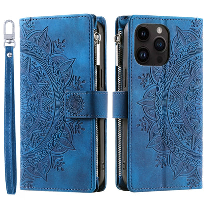 For iPhone 16 Pro Max Multi-Card Totem Zipper Leather Phone Case(Blue) by buy2fix