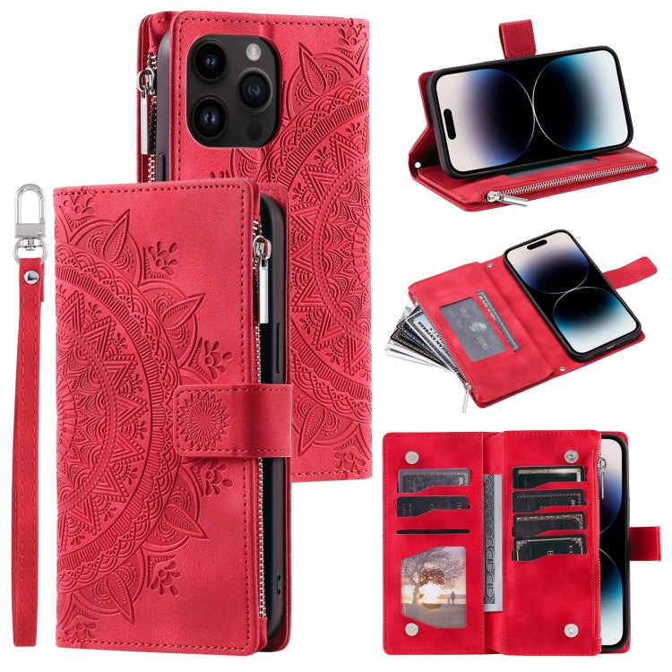 For iPhone 16 Pro Max Multi-Card Totem Zipper Leather Phone Case(Red) by buy2fix