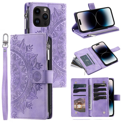 For iPhone 16 Pro Max Multi-Card Totem Zipper Leather Phone Case(Purple) by buy2fix