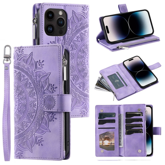 For iPhone 16 Pro Max Multi-Card Totem Zipper Leather Phone Case(Purple) by buy2fix