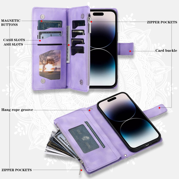 For iPhone 16 Pro Max Multi-Card Totem Zipper Leather Phone Case(Purple) by buy2fix