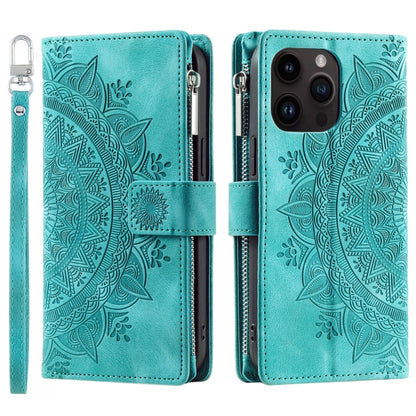For iPhone 16 Pro Multi-Card Totem Zipper Leather Phone Case(Green) by buy2fix