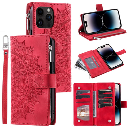 For iPhone 16 Pro Multi-Card Totem Zipper Leather Phone Case(Red) by buy2fix