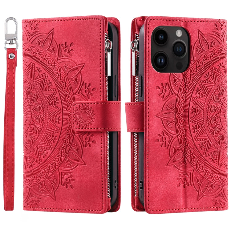 For iPhone 16 Pro Multi-Card Totem Zipper Leather Phone Case(Red) by buy2fix