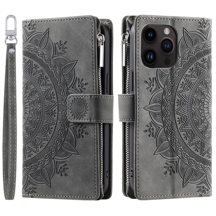 For iPhone 16 Pro Multi-Card Totem Zipper Leather Phone Case(Grey) by buy2fix
