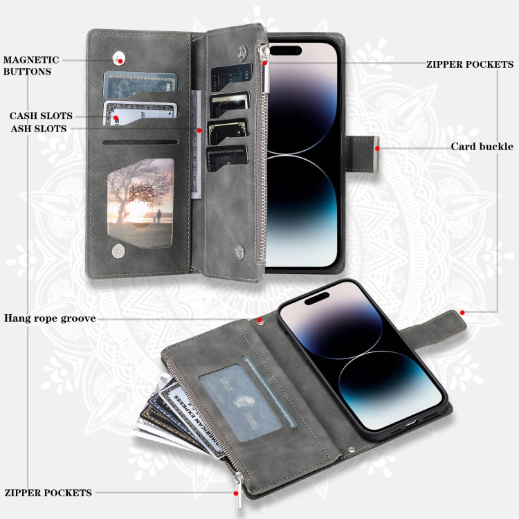 For iPhone 16 Pro Multi-Card Totem Zipper Leather Phone Case(Grey) by buy2fix