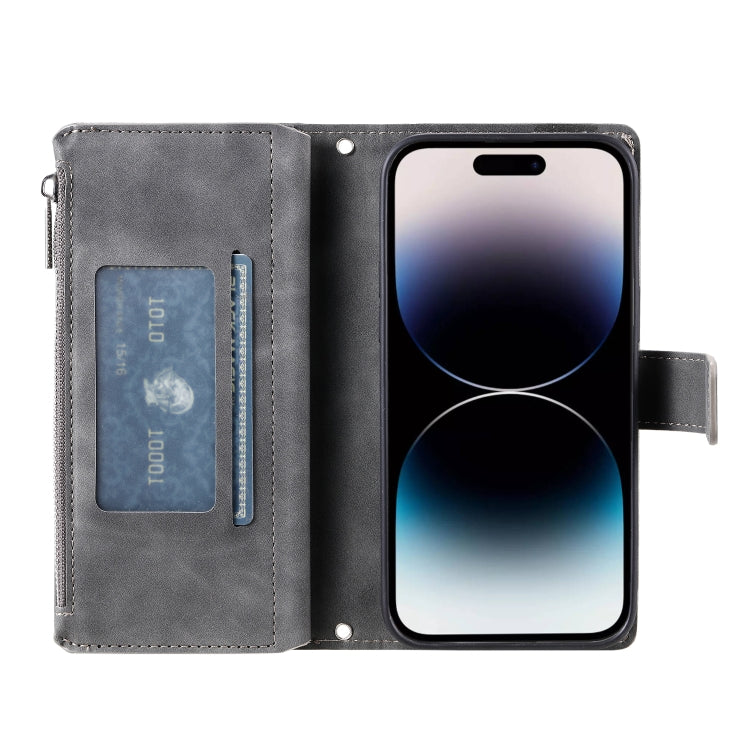 For iPhone 16 Pro Multi-Card Totem Zipper Leather Phone Case(Grey) by buy2fix