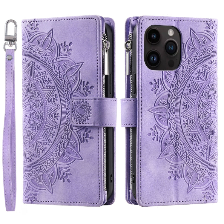 For iPhone 16 Pro Multi-Card Totem Zipper Leather Phone Case(Purple) by buy2fix