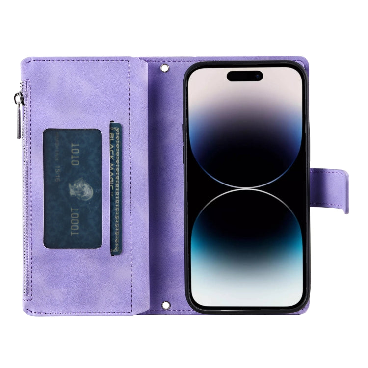 For iPhone 16 Pro Multi-Card Totem Zipper Leather Phone Case(Purple) by buy2fix