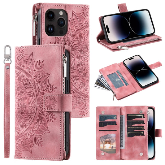 For iPhone 16 Pro Multi-Card Totem Zipper Leather Phone Case(Pink) by buy2fix
