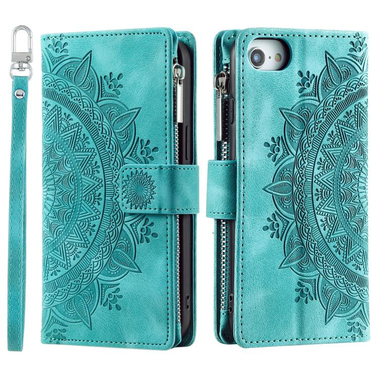 For iPhone 16e Multi-Card Totem Zipper Leather Phone Case(Green) - iPhone 16e Cases by buy2fix | Online Shopping UK | buy2fix