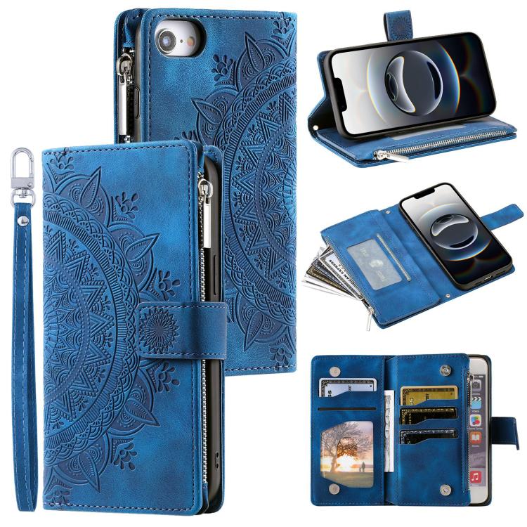 For iPhone 16e Multi-Card Totem Zipper Leather Phone Case(Blue) - iPhone 16e Cases by buy2fix | Online Shopping UK | buy2fix