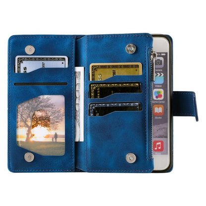 For iPhone 16e Multi-Card Totem Zipper Leather Phone Case(Blue) - iPhone 16e Cases by buy2fix | Online Shopping UK | buy2fix