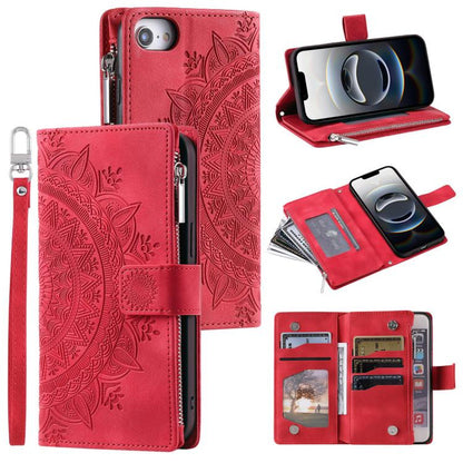 For iPhone 16e Multi-Card Totem Zipper Leather Phone Case(Red) - iPhone 16e Cases by buy2fix | Online Shopping UK | buy2fix