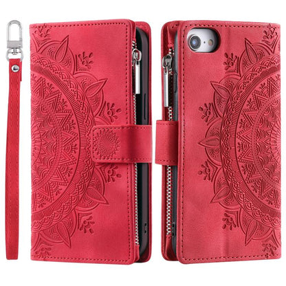 For iPhone 16e Multi-Card Totem Zipper Leather Phone Case(Red) - iPhone 16e Cases by buy2fix | Online Shopping UK | buy2fix