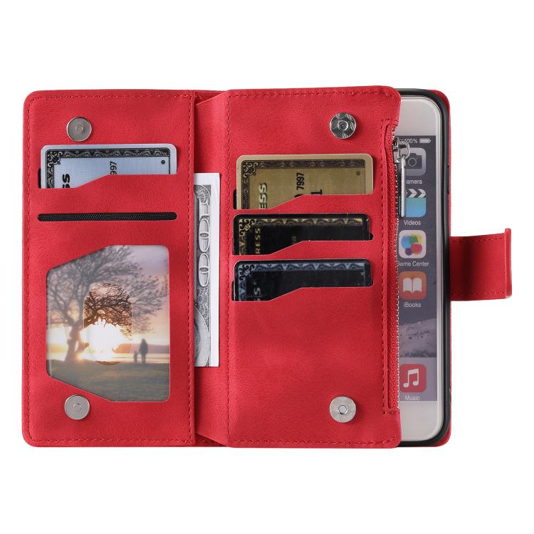 For iPhone 16e Multi-Card Totem Zipper Leather Phone Case(Red) - iPhone 16e Cases by buy2fix | Online Shopping UK | buy2fix