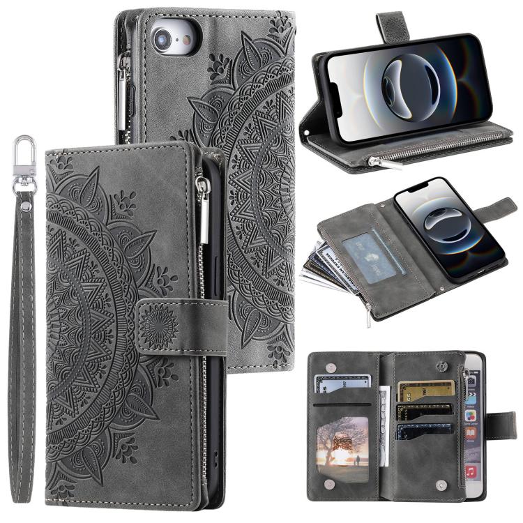 For iPhone 16e Multi-Card Totem Zipper Leather Phone Case(Grey) - iPhone 16e Cases by buy2fix | Online Shopping UK | buy2fix