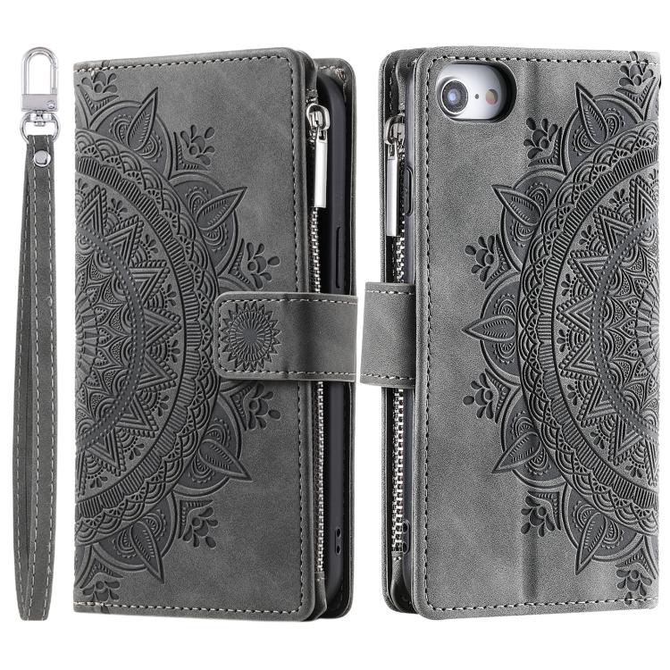 For iPhone 16e Multi-Card Totem Zipper Leather Phone Case(Grey) - iPhone 16e Cases by buy2fix | Online Shopping UK | buy2fix