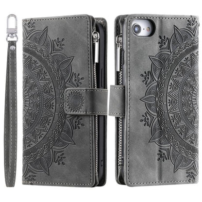 For iPhone 16e Multi-Card Totem Zipper Leather Phone Case(Grey) - iPhone 16e Cases by buy2fix | Online Shopping UK | buy2fix