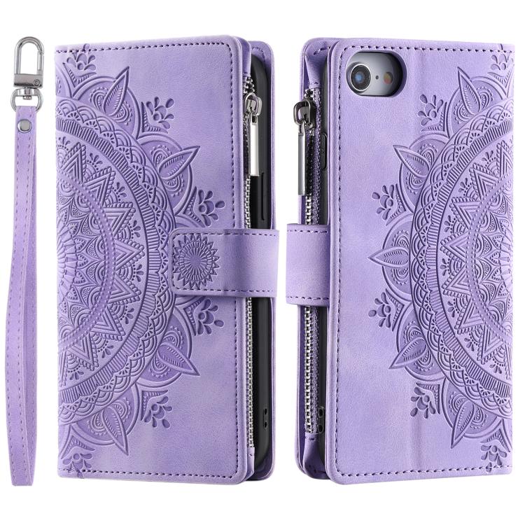 For iPhone 16e Multi-Card Totem Zipper Leather Phone Case(Purple) - iPhone 16e Cases by buy2fix | Online Shopping UK | buy2fix