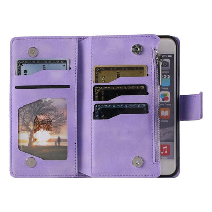 For iPhone 16e Multi-Card Totem Zipper Leather Phone Case(Purple) - iPhone 16e Cases by buy2fix | Online Shopping UK | buy2fix