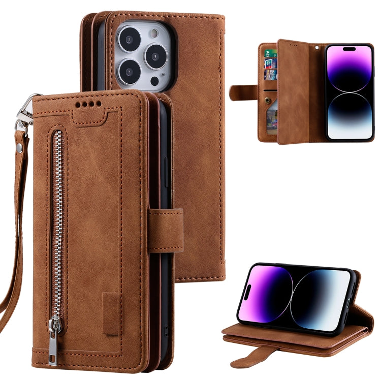 For iPhone 16 Pro Nine Card Zipper Bag Leather Phone Case with Lanyard(Brown) by buy2fix