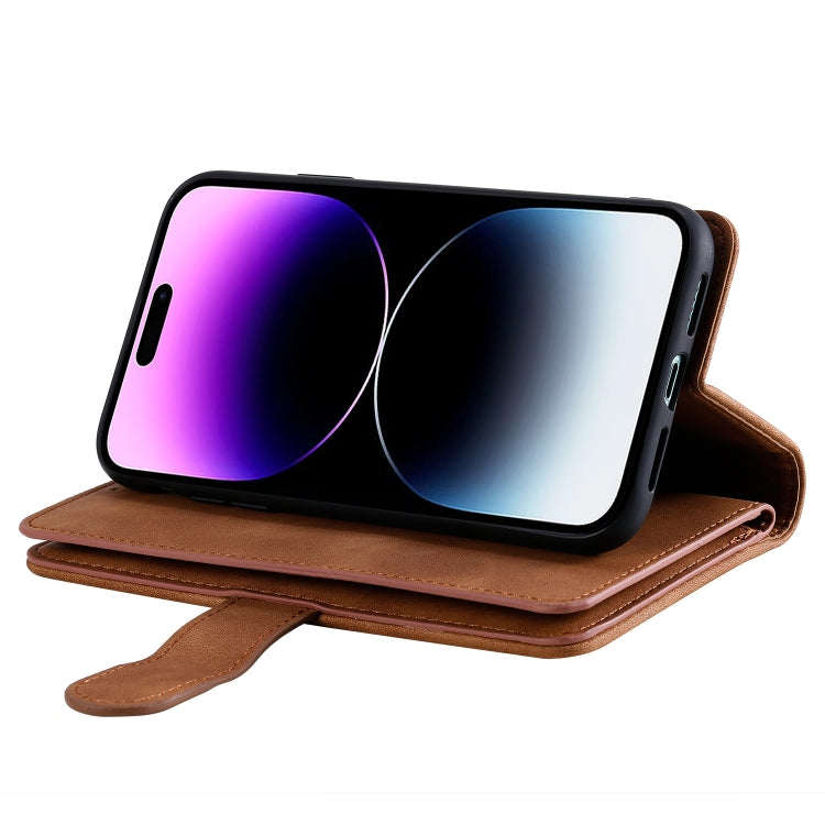 For iPhone 16 Pro Nine Card Zipper Bag Leather Phone Case with Lanyard(Brown) by buy2fix