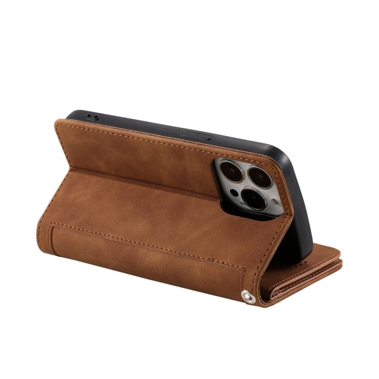 For iPhone 16 Pro Nine Card Zipper Bag Leather Phone Case with Lanyard(Brown) by buy2fix