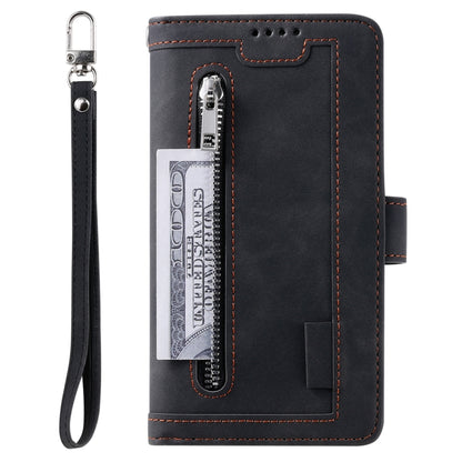 For iPhone 16 Nine Card Zipper Bag Leather Phone Case with Lanyard(Black) - iPhone 16 Cases by buy2fix | Online Shopping UK | buy2fix