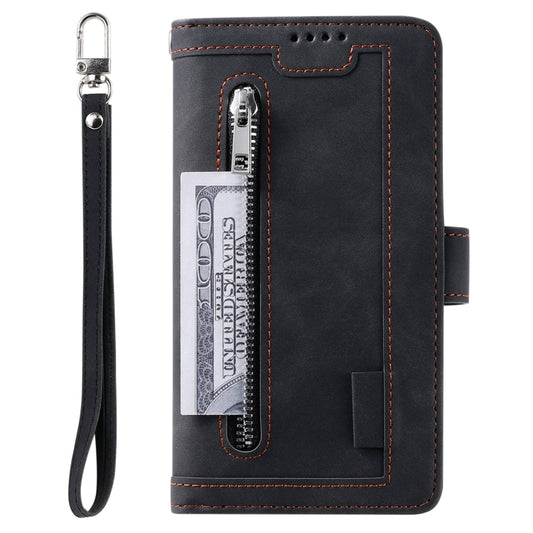 For iPhone 16 Nine Card Zipper Bag Leather Phone Case with Lanyard(Black) - iPhone 16 Cases by buy2fix | Online Shopping UK | buy2fix