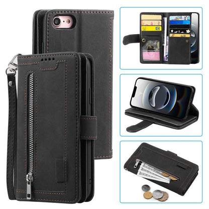 For iPhone 16e Nine Card Zipper Bag Leather Phone Case with Lanyard(Black) - iPhone 16e Cases by buy2fix | Online Shopping UK | buy2fix