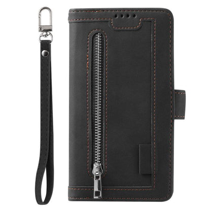 For iPhone 16e Nine Card Zipper Bag Leather Phone Case with Lanyard(Black) - iPhone 16e Cases by buy2fix | Online Shopping UK | buy2fix