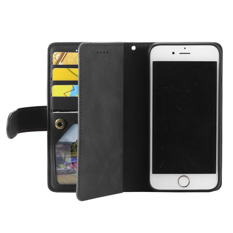 For iPhone 16e Nine Card Zipper Bag Leather Phone Case with Lanyard(Black) - iPhone 16e Cases by buy2fix | Online Shopping UK | buy2fix