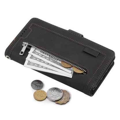 For iPhone 16e Nine Card Zipper Bag Leather Phone Case with Lanyard(Black) - iPhone 16e Cases by buy2fix | Online Shopping UK | buy2fix