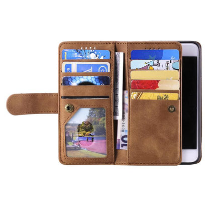 For iPhone 16e Nine Card Zipper Bag Leather Phone Case with Lanyard(Brown) - iPhone 16e Cases by buy2fix | Online Shopping UK | buy2fix