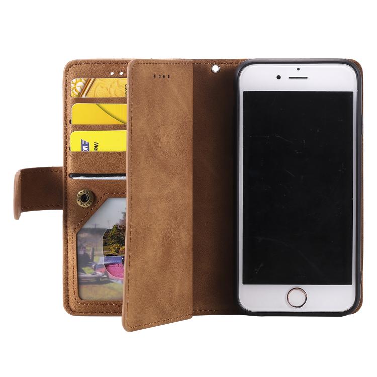 For iPhone 16e Nine Card Zipper Bag Leather Phone Case with Lanyard(Brown) - iPhone 16e Cases by buy2fix | Online Shopping UK | buy2fix