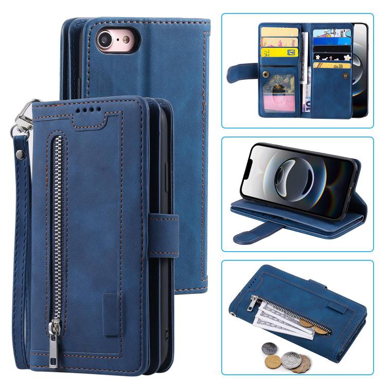 For iPhone 16e Nine Card Zipper Bag Leather Phone Case with Lanyard(Blue) - iPhone 16e Cases by buy2fix | Online Shopping UK | buy2fix
