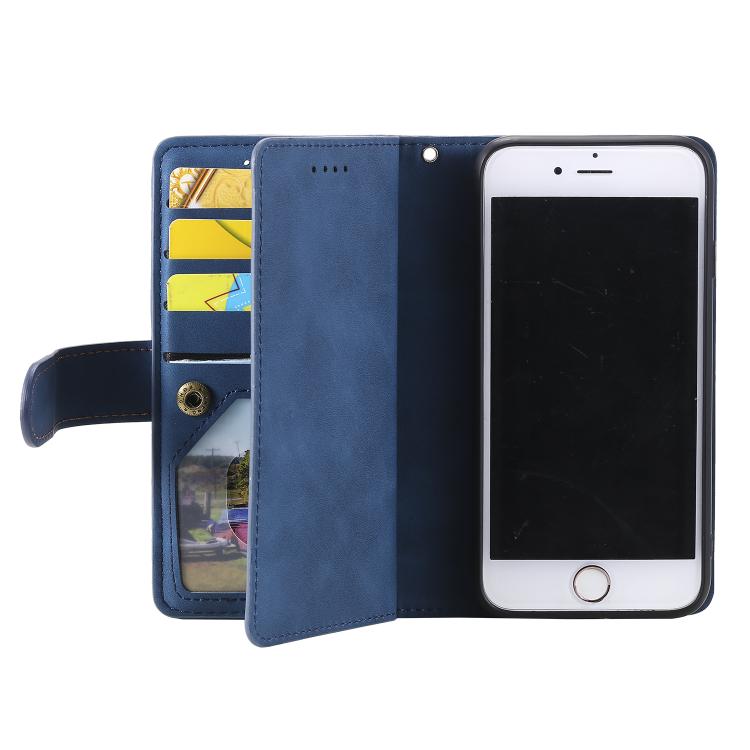 For iPhone 16e Nine Card Zipper Bag Leather Phone Case with Lanyard(Blue) - iPhone 16e Cases by buy2fix | Online Shopping UK | buy2fix