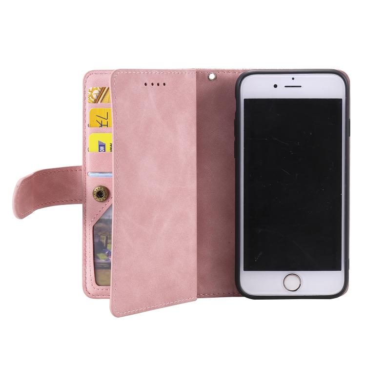 For iPhone 16e Nine Card Zipper Bag Leather Phone Case with Lanyard(Pink) - iPhone 16e Cases by buy2fix | Online Shopping UK | buy2fix