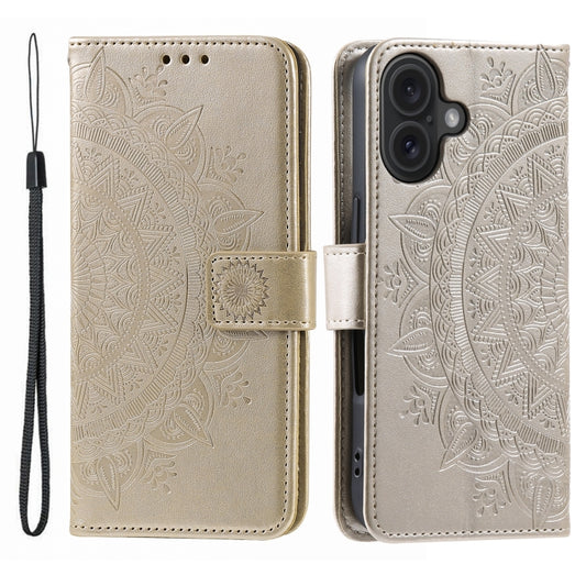 For iPhone 16 Plus Totem Flower Embossed Leather Phone Case(Gold) - iPhone 16 Plus Cases by buy2fix | Online Shopping UK | buy2fix