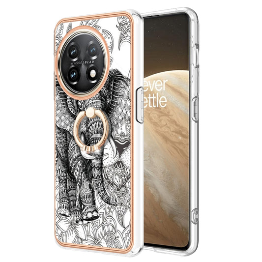 For OnePlus 11 Electroplating Dual-side IMD Phone Case with Ring Holder(Totem Elephant) - OnePlus Cases by buy2fix | Online Shopping UK | buy2fix