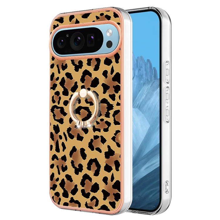 For Google Pixel 9 Pro XL Electroplating Dual-side IMD Phone Case with Ring Holder(Leopard Print) by buy2fix